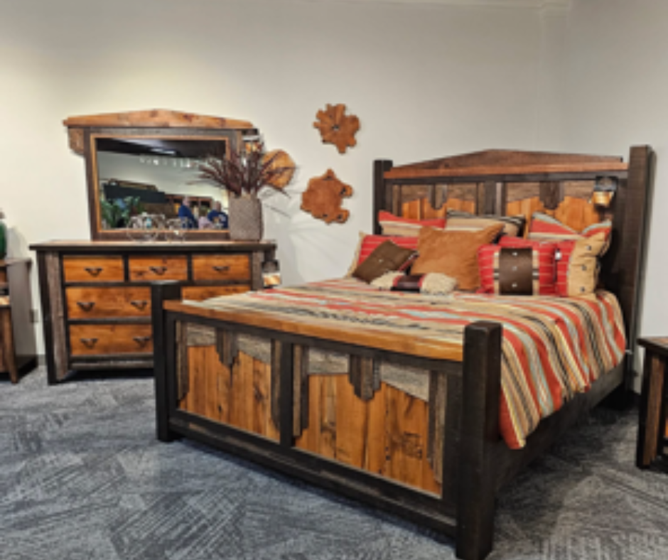 Rustic bedroom suite with wooden bed frame, matching dresser, and cozy decor featuring natural wood accents and earthy tones.
