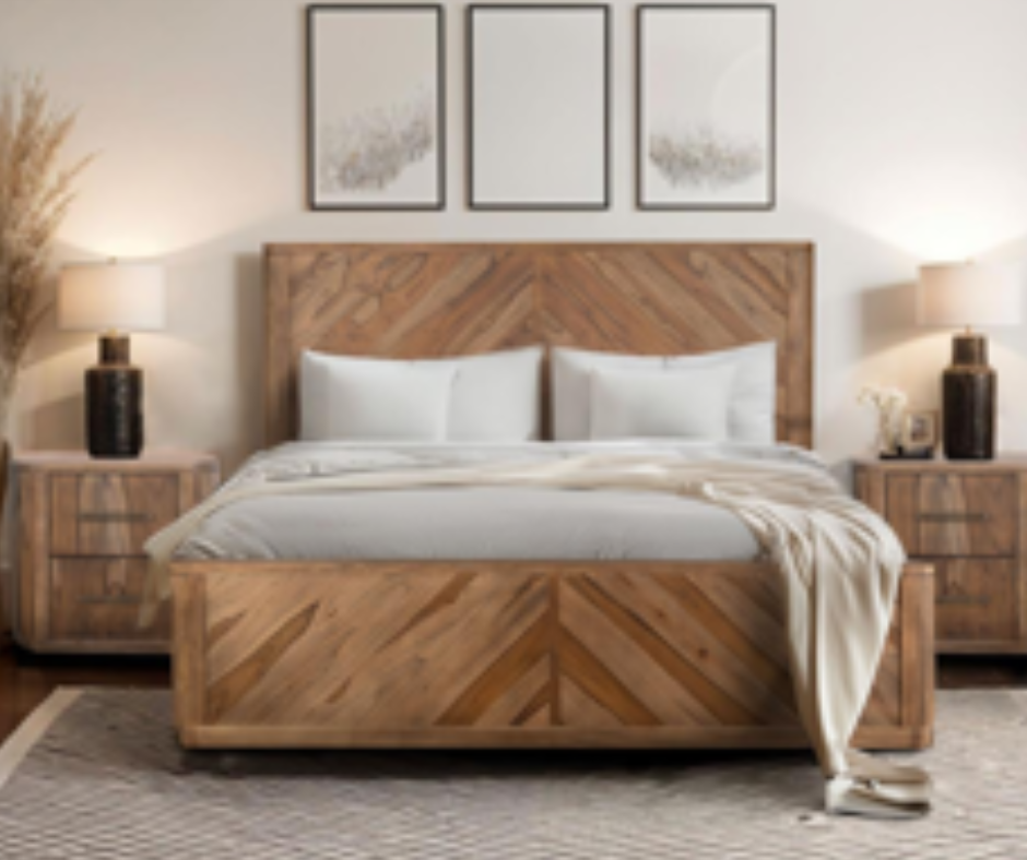 Modern rustic bedroom with wooden bed frame, matching nightstands, neutral bedding, and warm lighting accents.