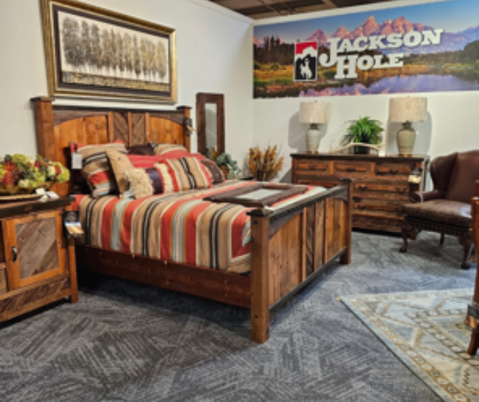 Rustic bedroom suite with solid wood bed frame, striped bedding, dresser, and cozy cabin-style decor accents.