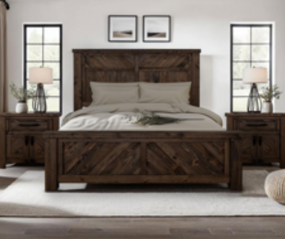 Rustic bedroom with dark wood bed frame, matching nightstands, neutral bedding, and modern farmhouse decor.